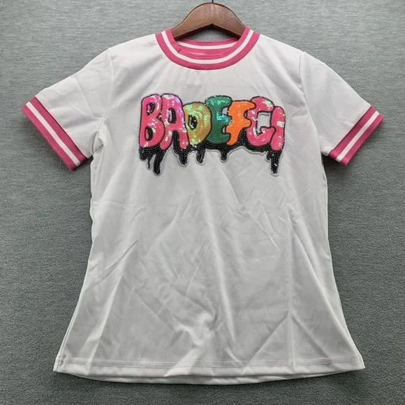 Women White Bodycon Shirts & Shorts with Sequined Front Logo Set Size XXL (A41) - Picture 3 of 13